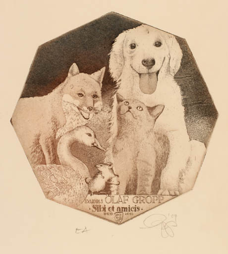 Exlibris by Olaf Gropp from Germany for Olaf Gropp - Fauna Bird Dog Cat 