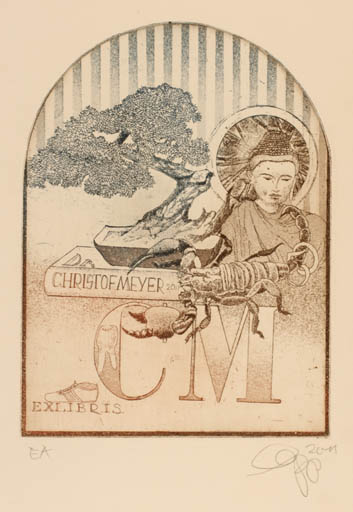 Exlibris by Olaf Gropp from Germany for Dr. Christof Meyer - Insect Oriental Tree 