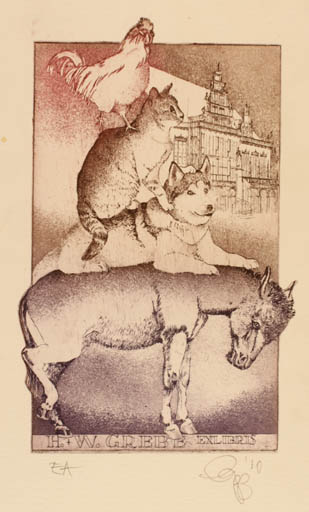 Exlibris by Olaf Gropp from Germany for Hannele & Werner Grebe - Fairytale/fable Fauna Bird Dog Cat 