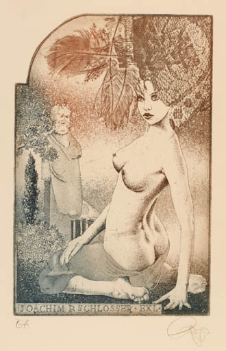 Exlibris by Olaf Gropp from Germany for ? Schlosser . Joachim P. - Classical antiquity Woman Nude 