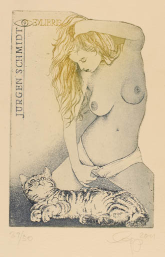 Exlibris by Olaf Gropp from Germany for Dr. Jürgen Schmidt - Cat Woman Nude 