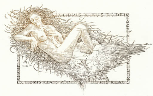 Exlibris by Henryk Feilhauer from Poland for Klaus Rödel - Erotica Leda and the Swan Mythology 