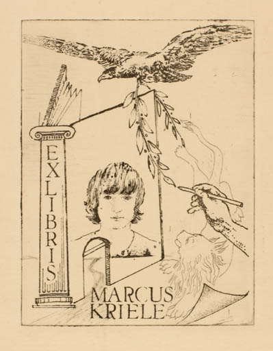 Exlibris by Olaf Gropp from Germany for Marcus Kriele - Bird Hand(s) Portrait 