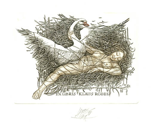 Exlibris by Henryk Feilhauer from Poland for Klaus Rödel - Erotica Leda and the Swan Mythology 