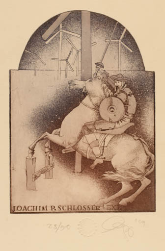 Exlibris by Olaf Gropp from Germany for Joachim  P. Schlosser - Don Quijote Mill Knight 