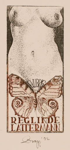 Exlibris by Olaf Gropp from Germany for Reglinde Lattermann - Woman Butterfly 