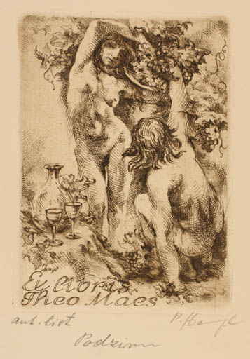 Exlibris by Petr Hampl from Czechoslovakia for Theo Maes - Nude Couple Wine 