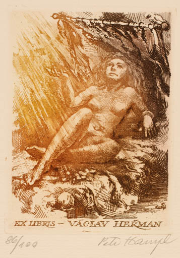 Exlibris by Petr Hampl from Czechoslovakia for Dr. Vaclav Herman - Woman Nude 