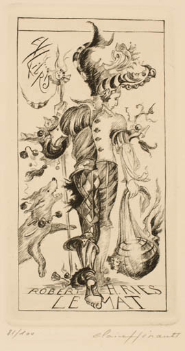 Exlibris by Claire Henault from France for Robert H. Ries - Dog Theater/Cirkus 