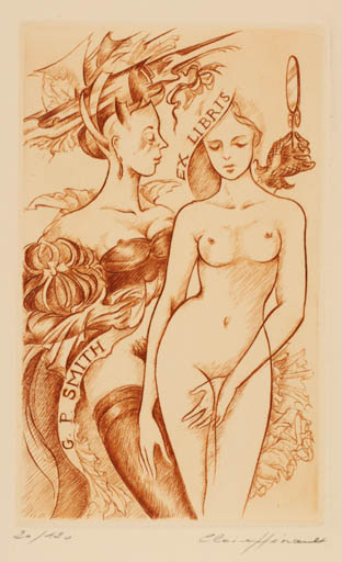 Exlibris by Claire Henault from France for Gordon P. Smith - Erotica Woman Nude 