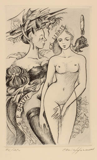 Exlibris by Claire Henault from France for Gordon P. Smith - Erotica Woman Nude 