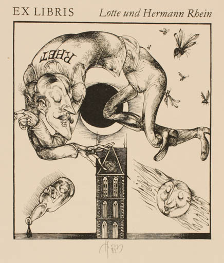 Exlibris by Karl Georg Hirsch from Germany for lotte und Hermann Rbein - Insect Man Surrealism 