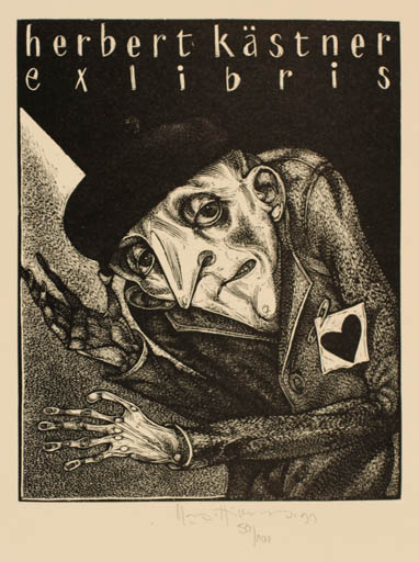 Exlibris by Karl Georg Hirsch from Germany for herbert Kästner - Man Portrait 