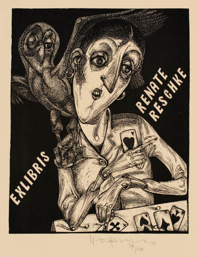 Exlibris by Karl Georg Hirsch from Germany for renate Reschke - Woman Portrait Sport/game Owl 