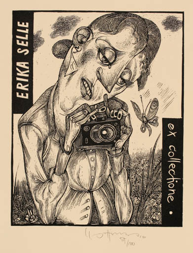 Exlibris by Karl Georg Hirsch from Germany for Erika Selle - Working Woman Portrait Butterfly 