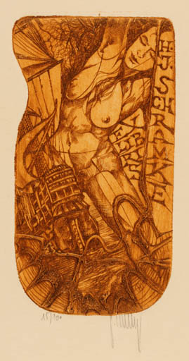 Exlibris by Pavel Hlavaty from Czechoslovakia for H.J. Schramke - Woman Nude Ship/Boat 