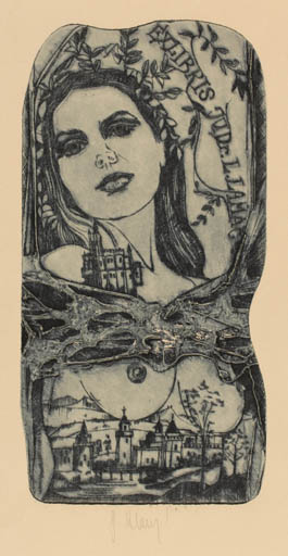 Exlibris by Pavel Hlavaty from Czechoslovakia for Dr. L. Lamac - City Woman Portrait 