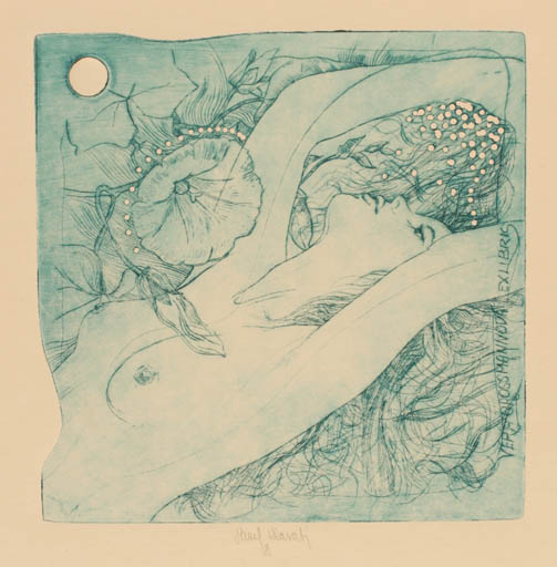 Exlibris by Pavel Hlavaty from Czechoslovakia for Vera Grossmannova - Flower Woman Nude 