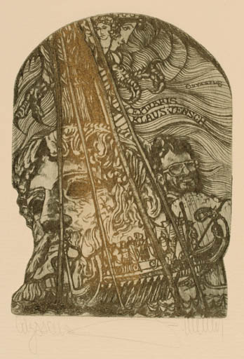 Exlibris by Pavel Hlavaty from Czechoslovakia for Klaus Jensch - Classical antiquity Mythology Portrait Ship/Boat 