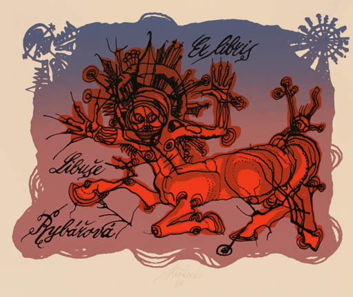 Exlibris by Jaroslav Horanek from Czechoslovakia for Libuse Rybarova - Fable Animal Surrealism 