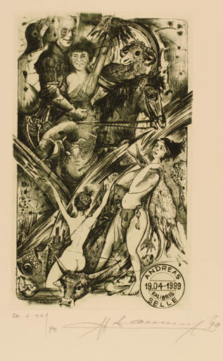 Exlibris by Sergiy Ivanov from Ukraine for Andreas Selle - Europa and the Bull Fauna Horse Leda and the Swan Man Mythology 