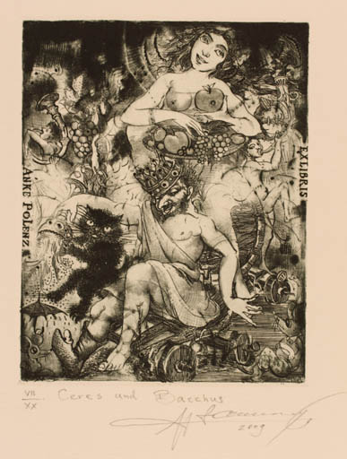 Exlibris by Sergiy Ivanov from Ukraine for Anke Polenz - Classical antiquity Fruit Cat Music Mythology Wine 