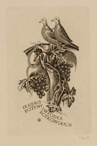 Exlibris by Wojciech Jakubowski from Poland for Iwlodka Kotkowskich - Bird Wine 