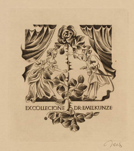 Exlibris by Wojciech Jakubowski from Poland for Dr. Emil Kunze - Couple Theater/Cirkus 