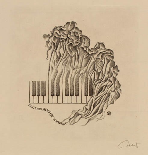 Exlibris by Wojciech Jakubowski from Poland for Herbert Schwarz - Flower Music 