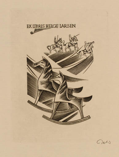 Exlibris by Wojciech Jakubowski from Poland for Helge Larsen - Horse Military/War Horseman/Rider 