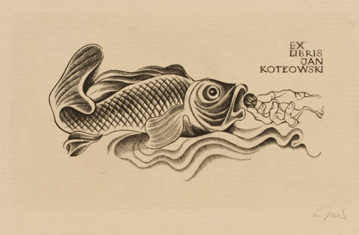 Exlibris by Wojciech Jakubowski from Poland for Jan Kotlowski - Fish Hand(s) 