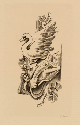 Exlibris by Wojciech Jakubowski from Poland for Klaus Rödel - Leda and the Swan 