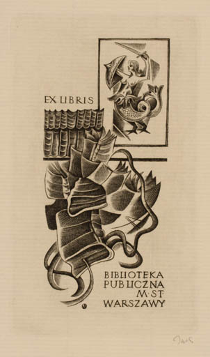 Exlibris by Wojciech Jakubowski from Poland for Publiczna Msi Warszawy Biblioteka - Book Mermaid 