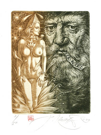 Exlibris by Peter Kocak from Slovak Republic for Klaus Rödel - Woman Portrait 