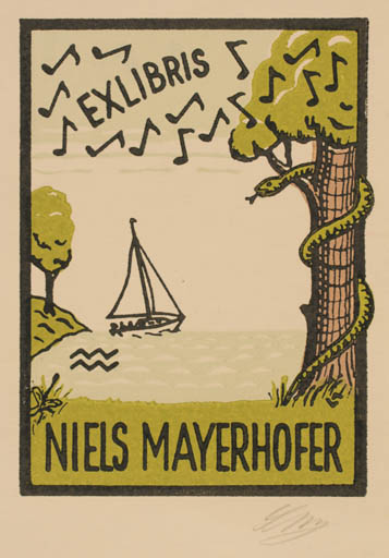 Exlibris by Lorentz May from Denmark for Niels Mayerhofer - Maritime Music Ship/Boat 