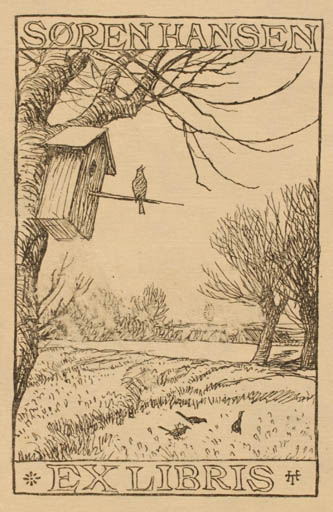 Exlibris by Hans Christian Tegner from Denmark for Søren Hansen - Bird Scenery/Landscape 