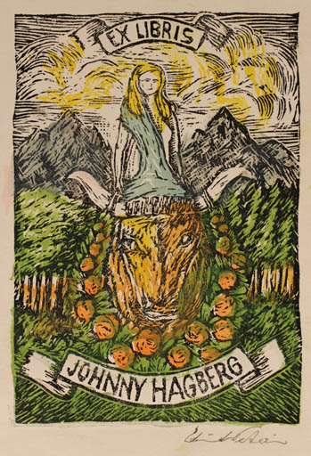 Exlibris by Edmund Peter from Denmark for Johnny Hagberg - Mountain Europa and the Bull 