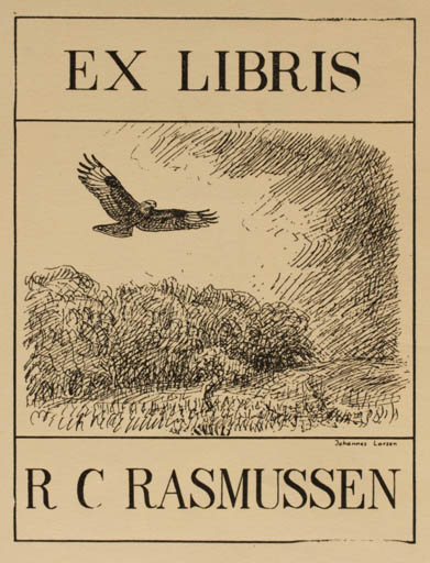 Exlibris by Johannes Larsen from Denmark for R.C. Rasmussen - Bird Scenery/Landscape 