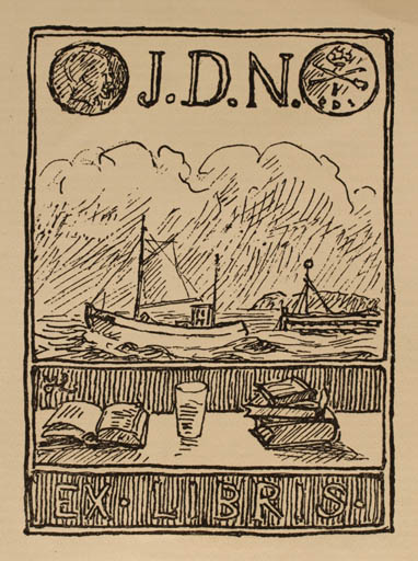 Exlibris by Johannes Larsen from Denmark for Johan Due Nielsen - Book Maritime Ship/Boat 