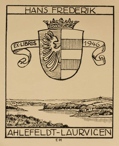 Exlibris by Ebba Holm from Denmark for Ahlefeldt Laurvigen - Heraldry Scenery/Landscape 