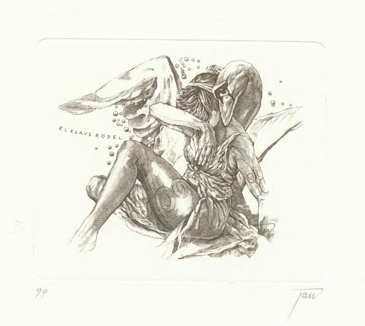 Exlibris by Jan Walkiewicz from Poland for Klaus Rödel - Erotica Leda and the Swan Mythology 