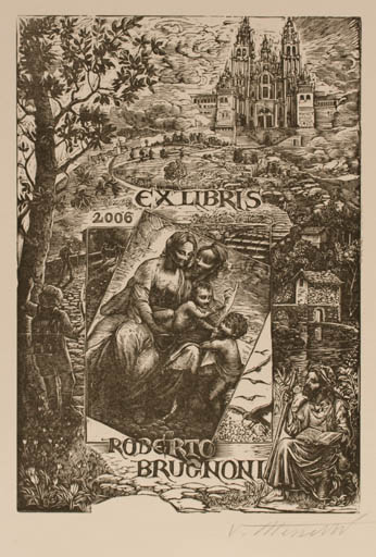 Exlibris by Valerio Mezzetti from Italy for Roberto Brugnoni - Child Group Church Scenery/Landscape Religion 