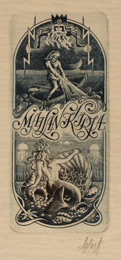 Exlibris by Vitautas Jakstas from Lithuania for Mailan Kirja - Mermaid Maritime Mythology 