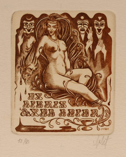 Exlibris by Vitautas Jakstas from Lithuania for Dr. Axel Leier - Woman Nude Religion 