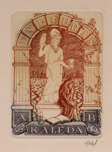 Exlibris by Vitautas Jakstas from Lithuania for A. B. Kaleda - Classical antiquity Woman Owl 