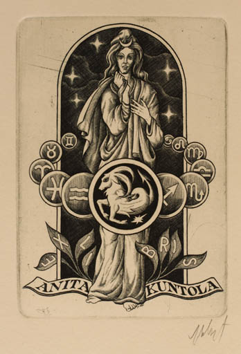 Exlibris by Vitautas Jakstas from Lithuania for Anita Kuntola - Cosmos Woman 