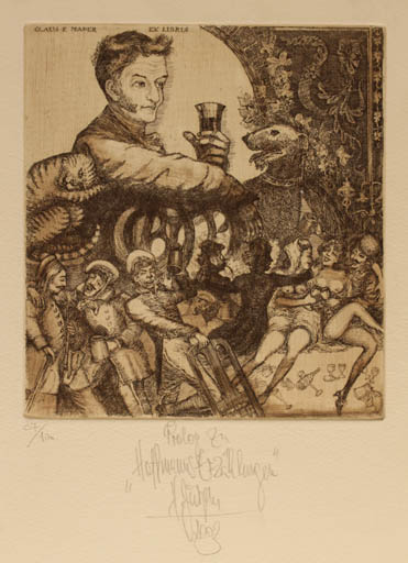 Exlibris by Harry Jürgens from Germany for Claus P. Mader - Dancing Group Man Portrait 