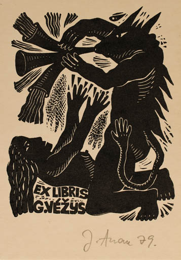 Exlibris by Jüri Arrak from Estonia for G. Vezys - Fable Animal Woman Pan/Faun 