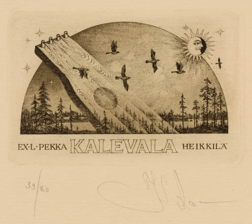 Exlibris by Konstantin Kalynovych from Ukraine for Pekka Heikkila - Bird Scenery/Landscape Sun 