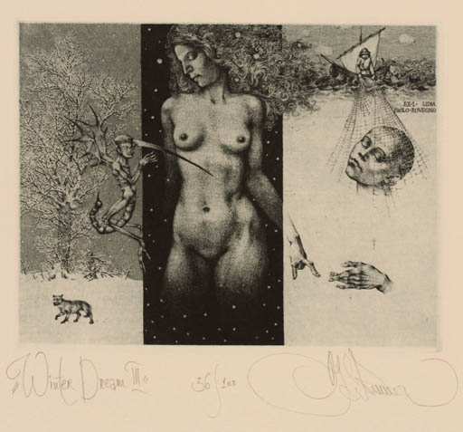 Exlibris by Konstantin Kalynovych from Ukraine for Paolo Rovegno - Woman Nude Surrealism 